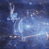 a person in a blue dress is falling into a blue space