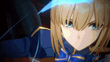 a close up of a anime character with blue eyes