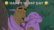a cartoon of a dog hugging a purple octopus with the words happy hump day