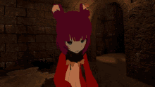 a cartoon character with purple hair and green eyes is standing in a dark room