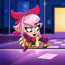 a cartoon character is sitting at a desk with a piece of paper on it