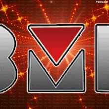 a pixel art of the letter m with a red arrow pointing down