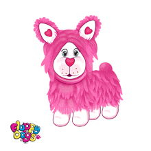 a pink stuffed animal with hearts on its ears is called a fluffy dog