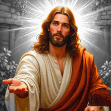 a painting of jesus reaching out his hand towards the viewer