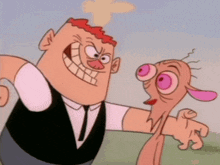 two cartoon characters are standing next to each other and one has a pink eye