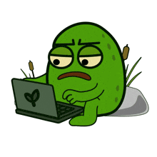 a cartoon of a green frog using a laptop