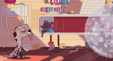 a dalmatian dog is sitting in a messy room with a disney logo in the corner