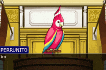 a cartoon of a parrot named perrunito in a court room