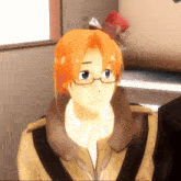 a cartoon character with glasses and orange hair looks at the camera