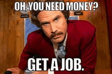 ron burgundy from the movie anchorman is sitting at a desk with a computer and a funny meme .
