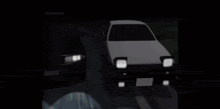 two cars are driving down a road at night and one of them has the headlights on .