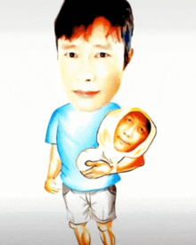 a man in a blue shirt is holding a baby