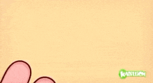 a pink cartoon rabbit is crying with its mouth open and tears coming out of it 's eyes .