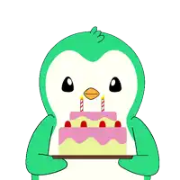 a penguin is holding a birthday cake with two candles on it