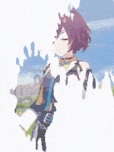 a girl with purple hair is standing in a field