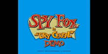 a blue background with the words spy fox in dry cereal demo on it