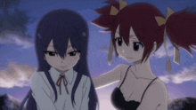 two anime girls are standing next to each other and one is wearing a black bra
