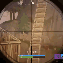 a sniper scope shows a wooden staircase with the number 415 in the center
