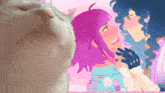 a cat is looking at a drawing of a man and a woman