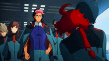 a group of anime characters are standing in a room and one of them has pink hair