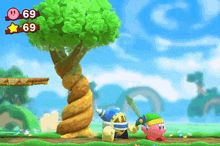 a video game with a tree and a star that says 69 on it