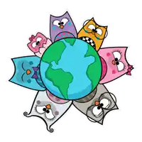 a cartoon of owls around a globe with different facial expressions