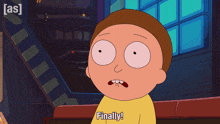 a cartoon character says finally in front of a staircase