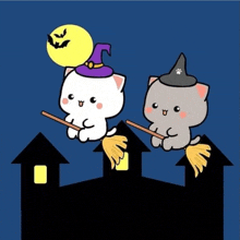 two cartoon cats wearing witch hats are flying on brooms over a haunted house