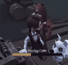a person in a video game with the word decoding cipher on the screen