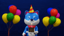 a blue and white dog wearing a party hat is holding a cake