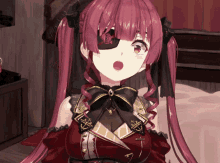 a girl with pink hair has a red eye patch on her left eye