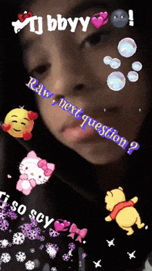 a close up of a girl 's face with the words raw next question