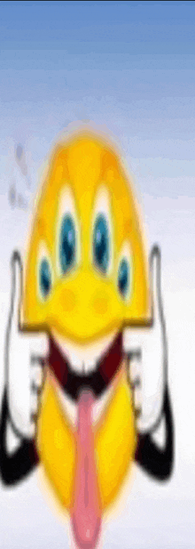 a cartoon smiley face with three eyes and a pink tie is giving a thumbs up .
