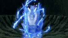a person is being surrounded by blue lightning in a dark cave .