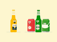 a bottle of corona sits next to a can of heineken and a can of soda