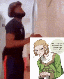 a man with a beard is standing next to a drawing of a man in a green outfit