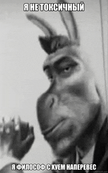 a black and white photo of a donkey with a caption in a foreign language