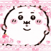a picture of a cartoon character with pink hearts and a cake in the background