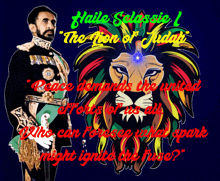 a poster of haile selassie with a colorful lion on it