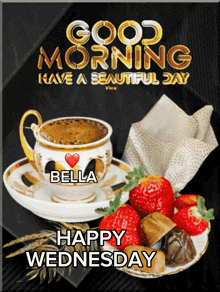 a picture of a cup of coffee and strawberries with the words good morning have a beautiful day
