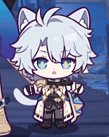 a cartoon character with white hair and blue eyes has a cat ear