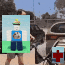 a picture of a roblox character with a hamburger on top of his head