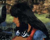 a video game character with long black hair and headphones on