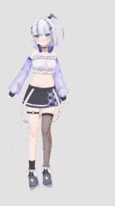 a girl with white hair and blue eyes is wearing a purple top and a black skirt .