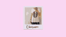 a woman in a red dress is taking a picture of herself with a pink background and the word charmeux on the bottom right