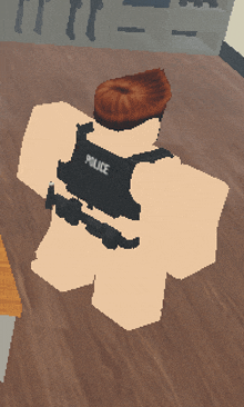 a cartoon character with a vest that says police