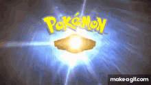 a pokemon logo is displayed on a dark blue background