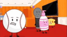 a baseball with a sad face is standing next to a microphone and a soap dispenser in a room .