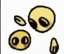 a group of yellow smiley faces with black eyes on a white background
