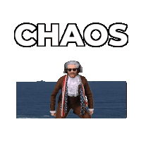 a man in a suit is standing in front of the ocean with the word chaos behind him